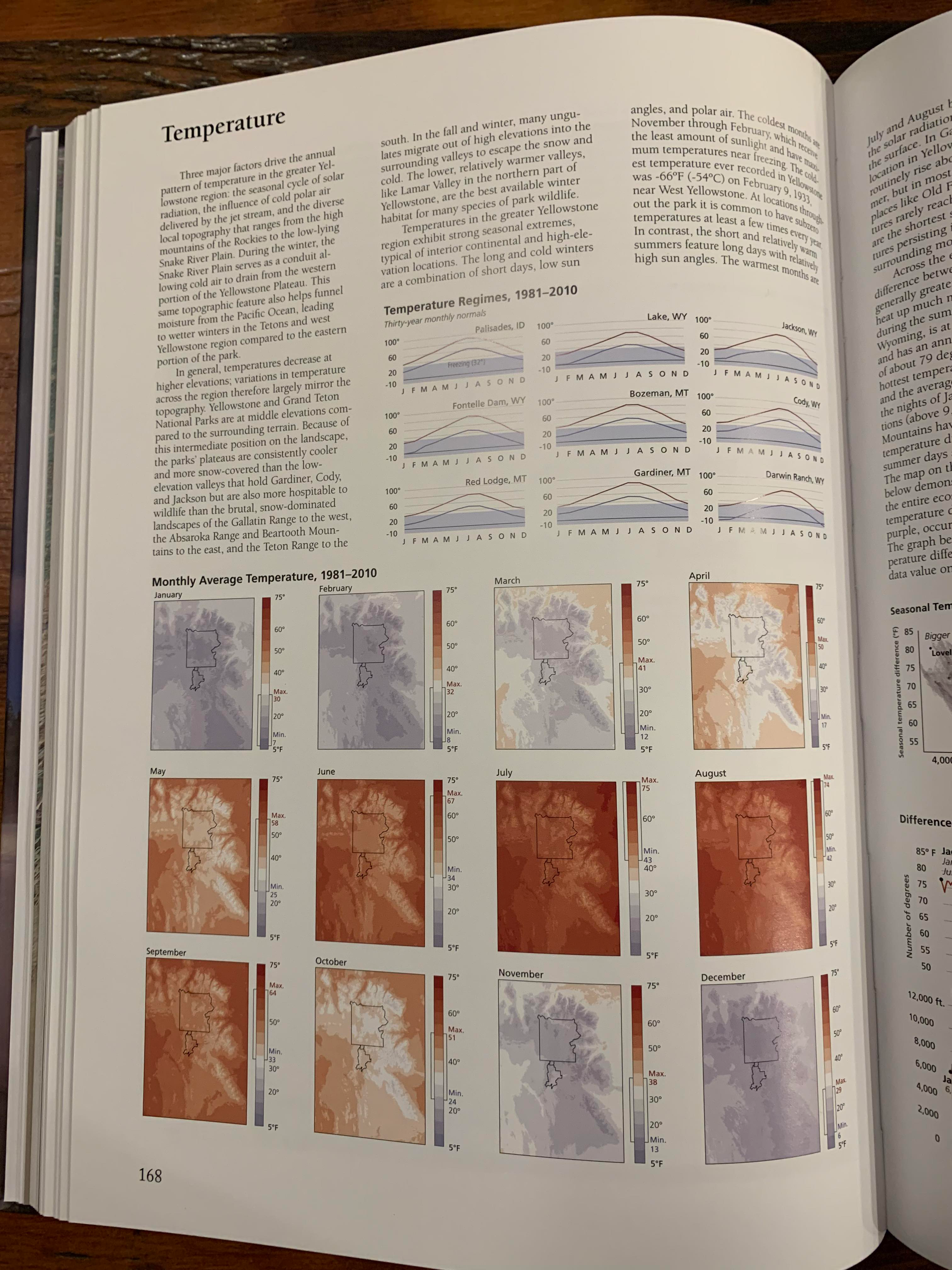 A photo of a page showing the temperatures of Yellowston by month.